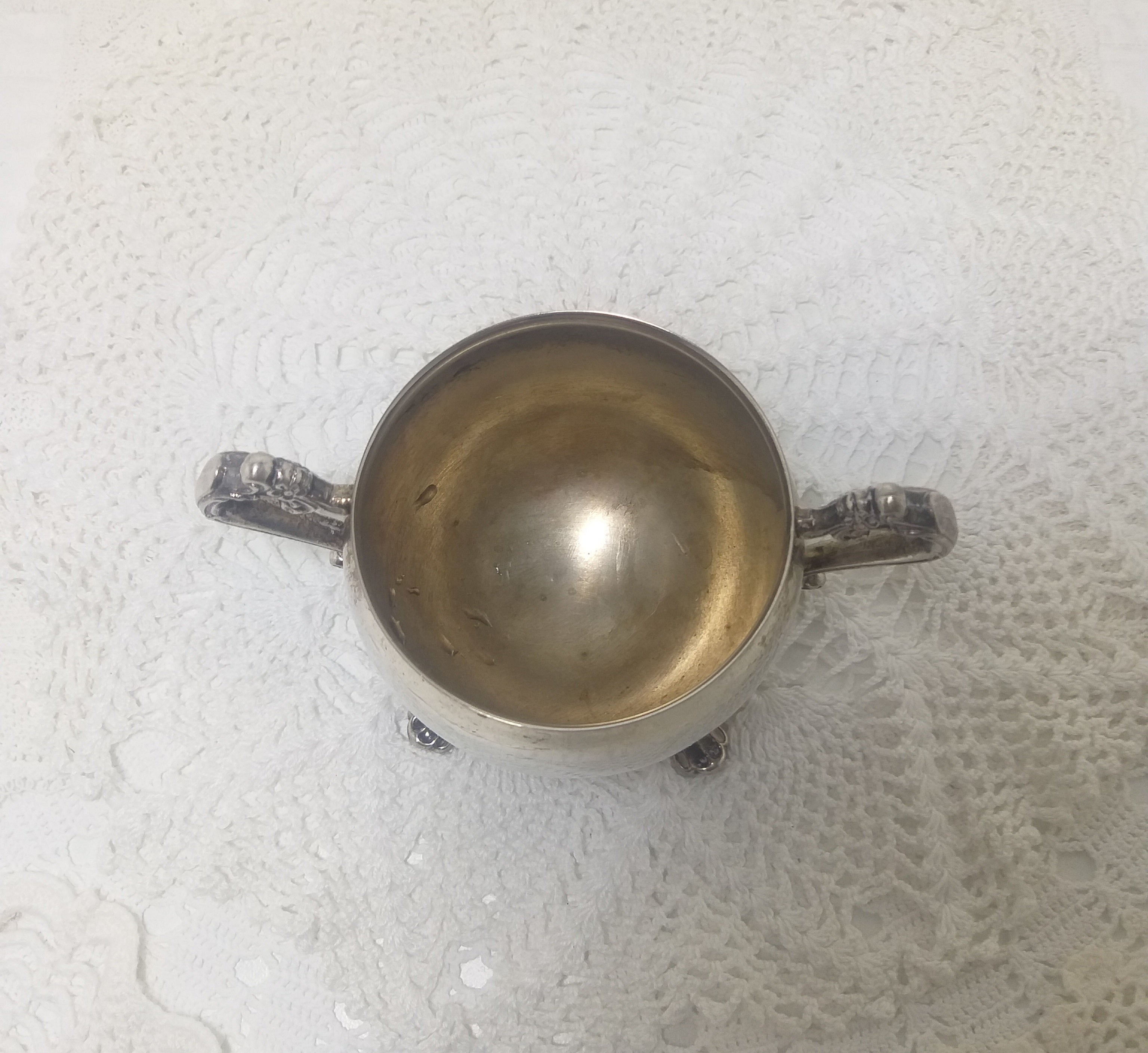 Open Vintage Silver Plated Sugar Bowl With Twin Handles
