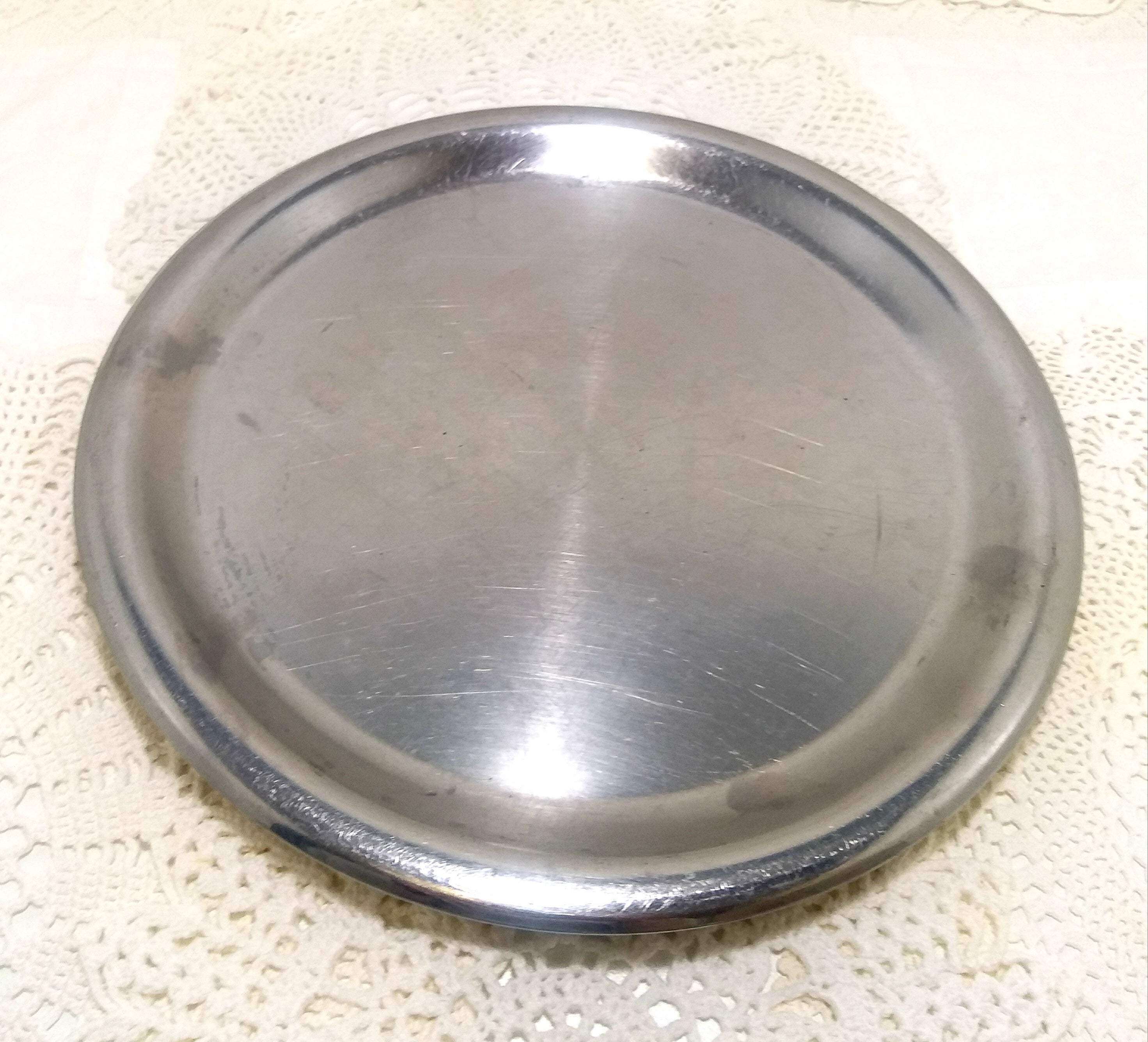 Round Vintage Stainless Steel Drinks Tray With Folded Rim