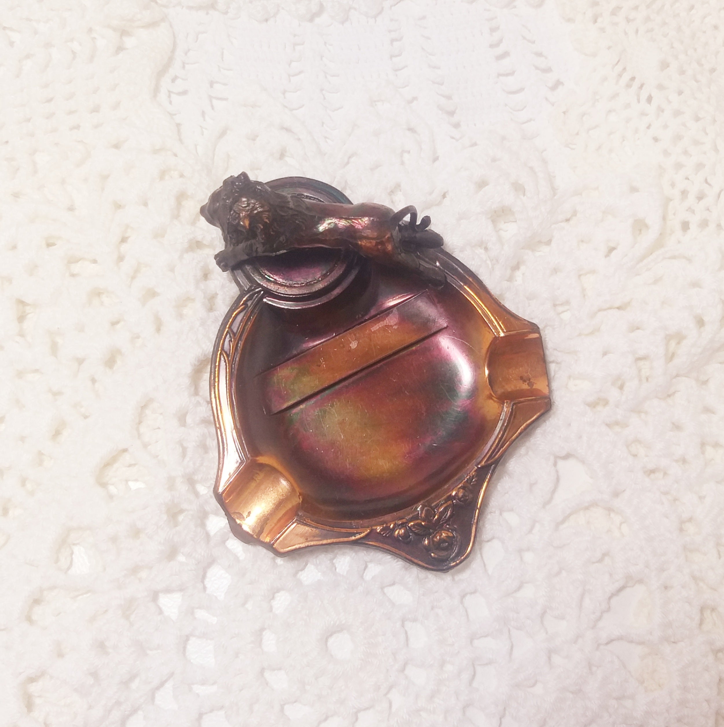 Vintage Small Copper Ashtray With Lion Figurine