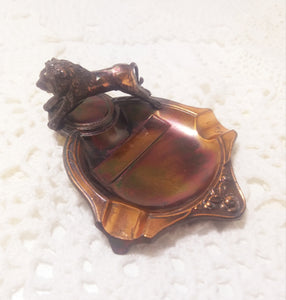Vintage Small Copper Ashtray With Lion Figurine