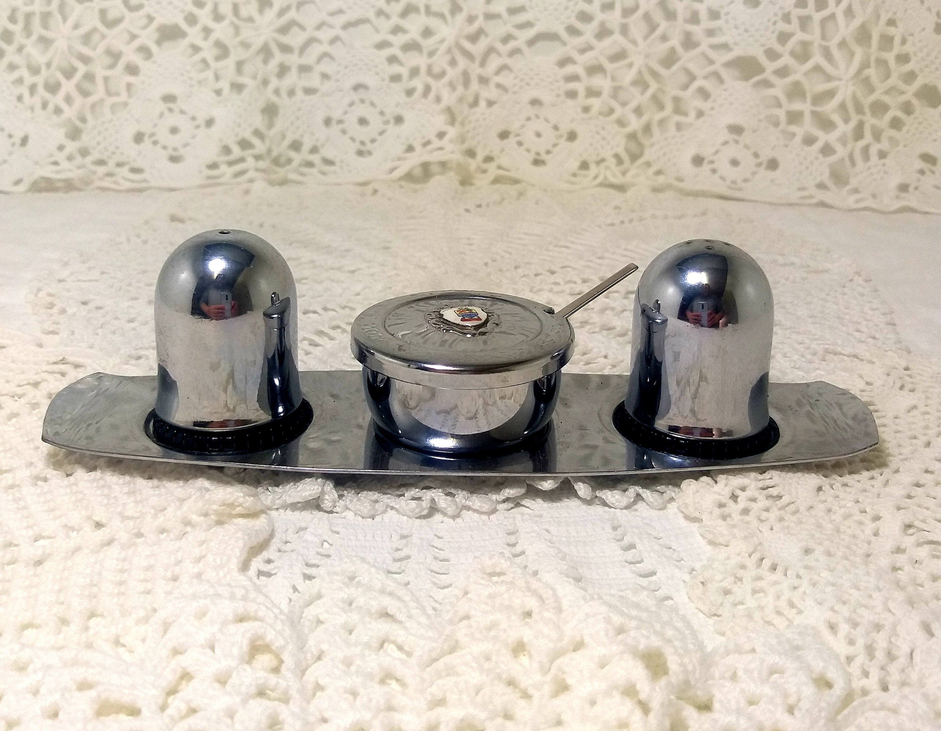 Vintage (Unused) Stainless Steel Cruet Set – Salt, Pepper & Lidded Mustard Pot On Tray