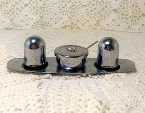 Vintage (Unused) Stainless Steel Cruet Set – Salt, Pepper & Lidded Mustard Pot On Tray