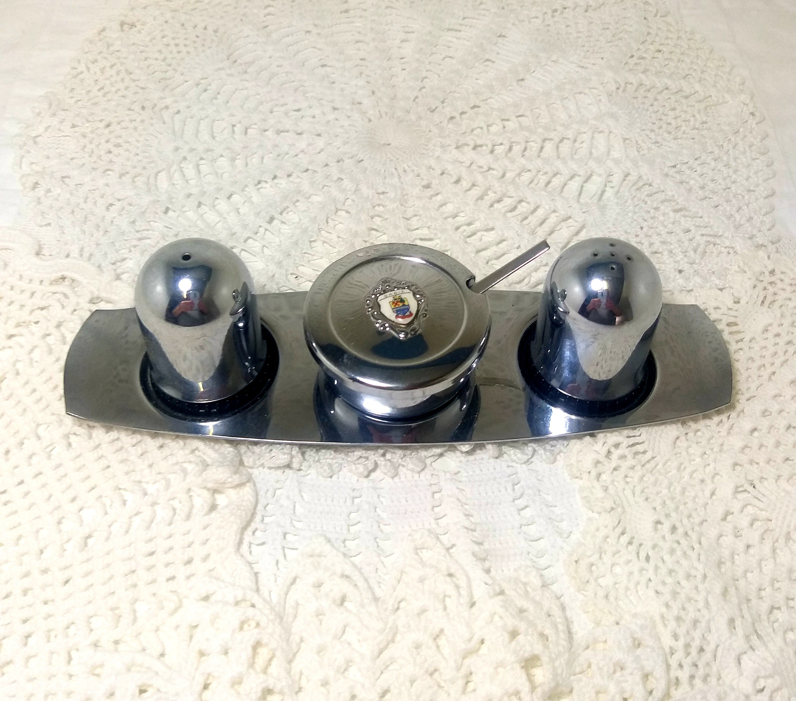 Vintage (Unused) Stainless Steel Cruet Set – Salt, Pepper & Lidded Mustard Pot On Tray