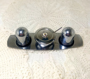 Vintage (Unused) Stainless Steel Cruet Set – Salt, Pepper & Lidded Mustard Pot On Tray