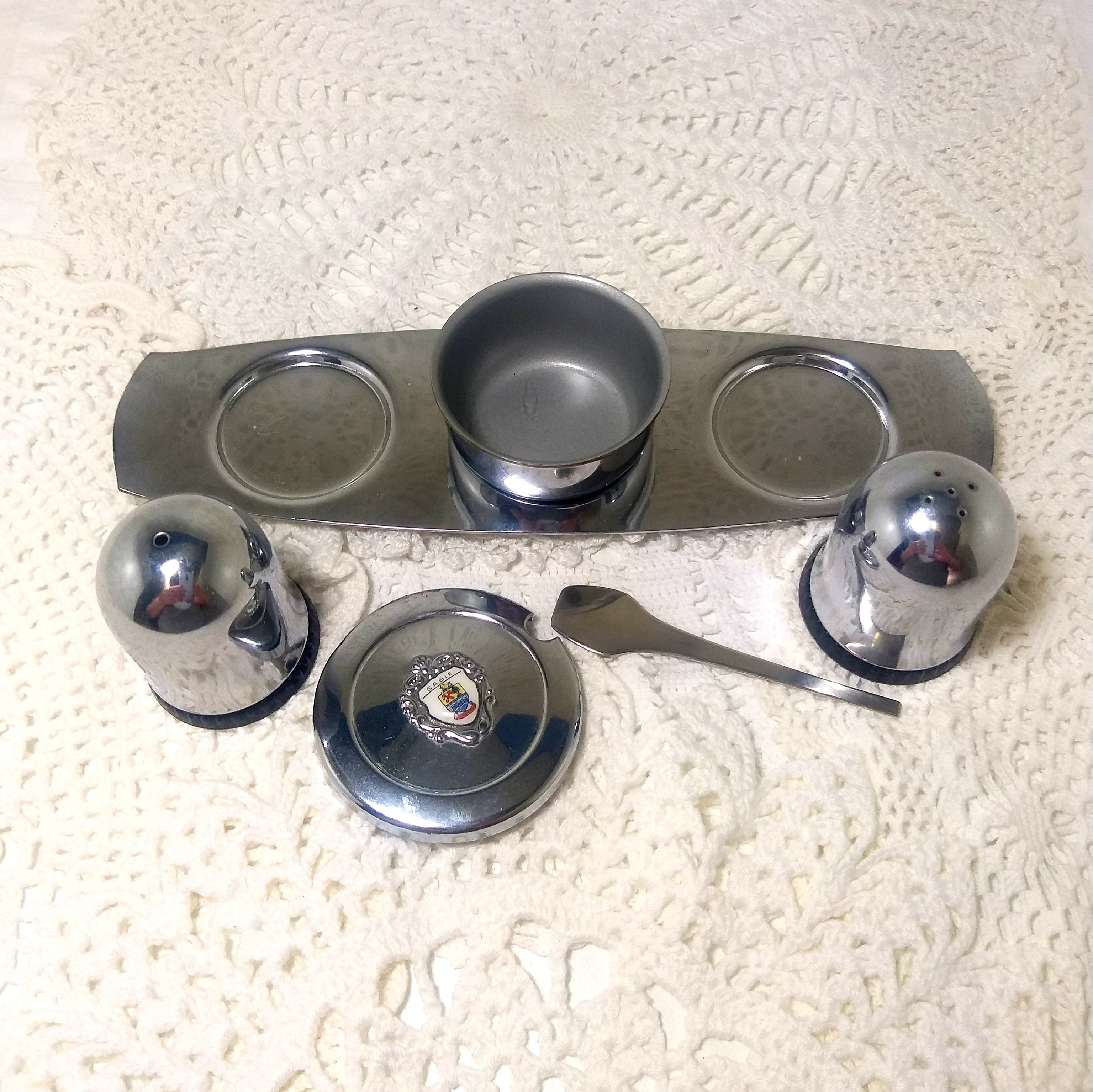 Vintage (Unused) Stainless Steel Cruet Set – Salt, Pepper & Lidded Mustard Pot On Tray