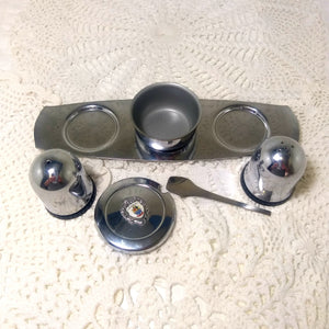 Vintage (Unused) Stainless Steel Cruet Set – Salt, Pepper & Lidded Mustard Pot On Tray