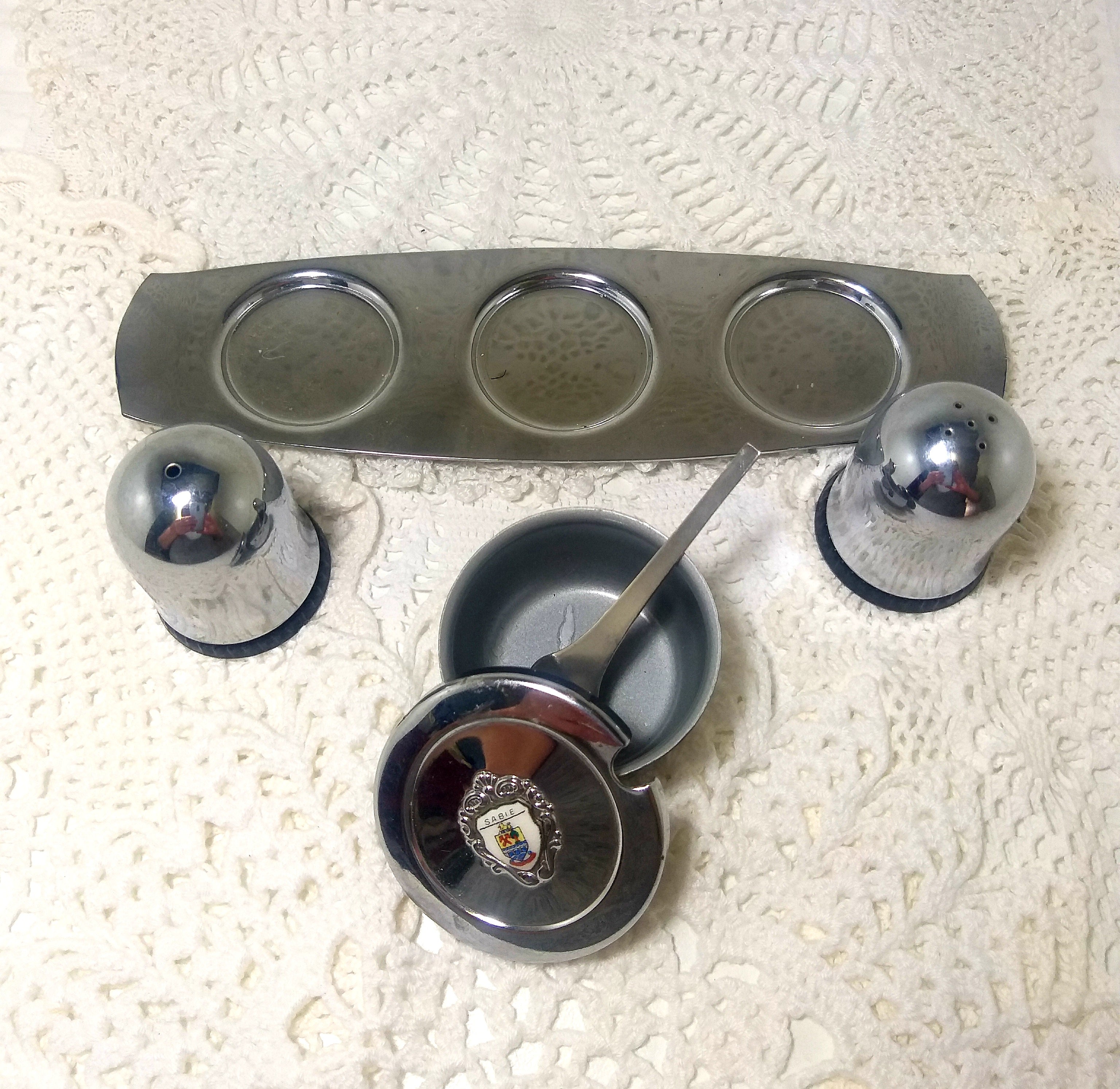Vintage (Unused) Stainless Steel Cruet Set – Salt, Pepper & Lidded Mustard Pot On Tray