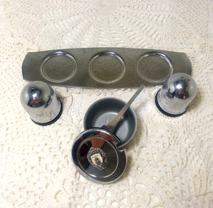 Vintage (Unused) Stainless Steel Cruet Set – Salt, Pepper & Lidded Mustard Pot On Tray