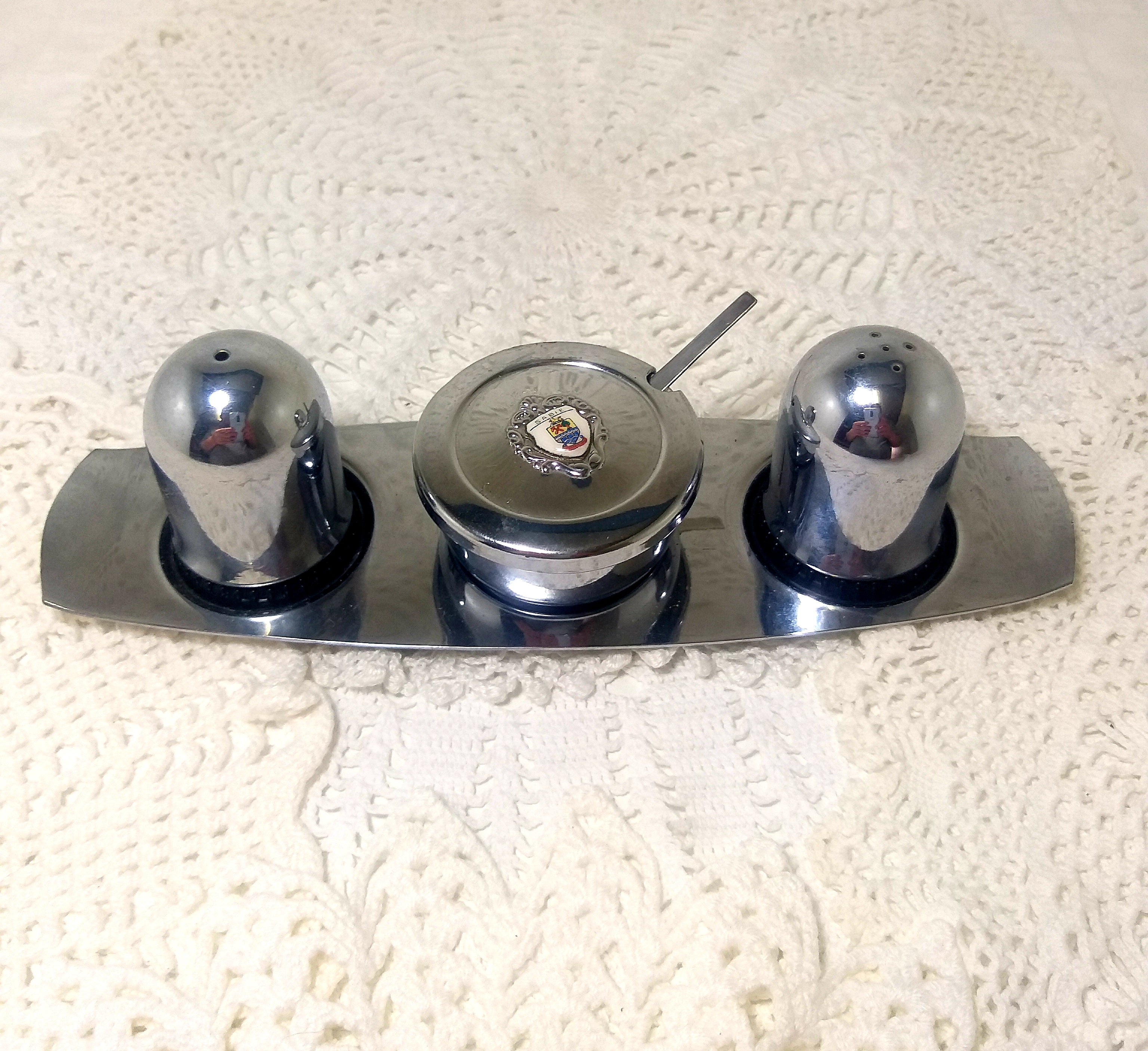 Vintage (Unused) Stainless Steel Cruet Set – Salt, Pepper & Lidded Mustard Pot On Tray