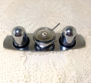 Vintage (Unused) Stainless Steel Cruet Set – Salt, Pepper & Lidded Mustard Pot On Tray