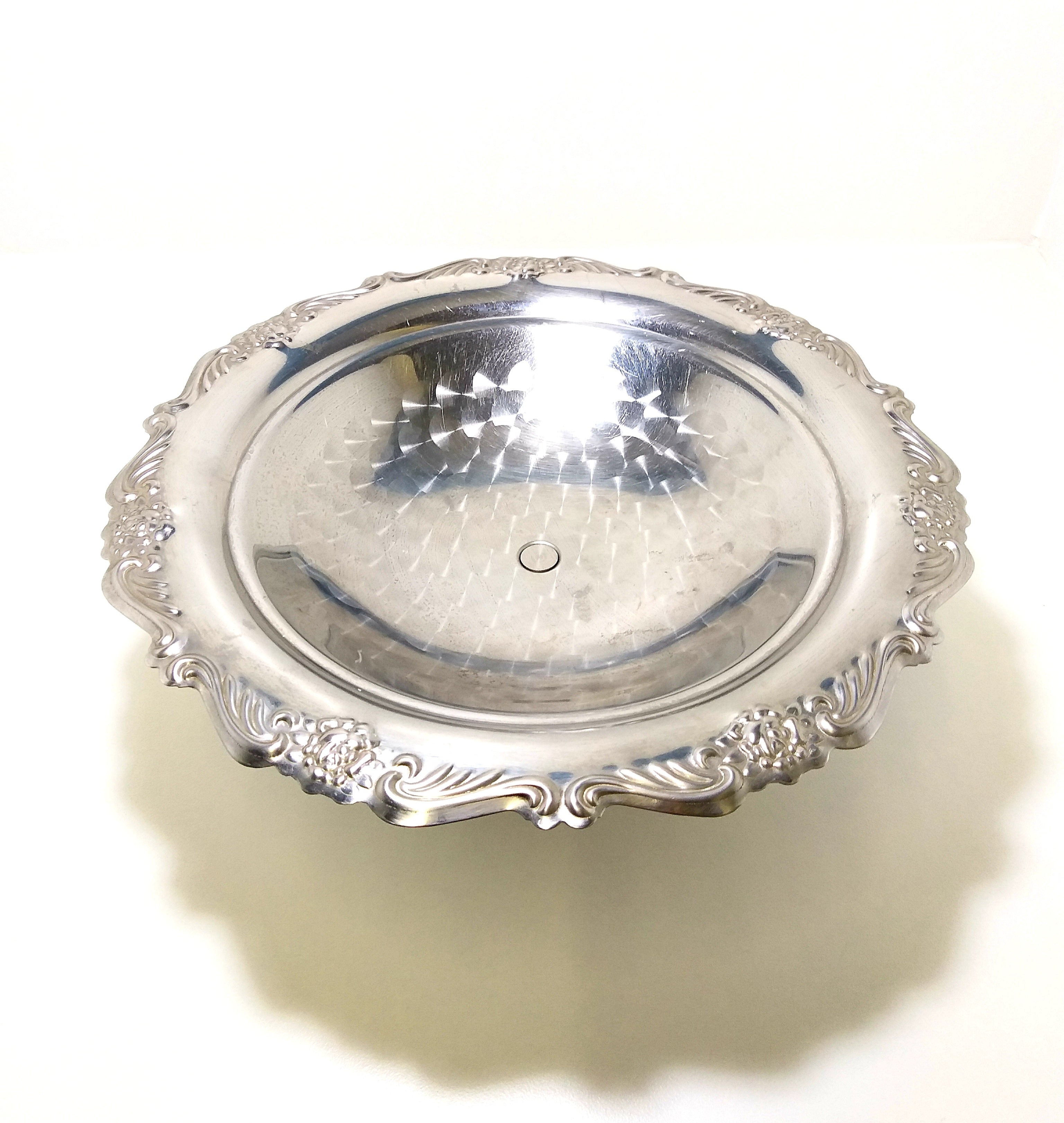 Large Vintage Silver Metal Pedestal Display Bowl With Machine Brushed Well