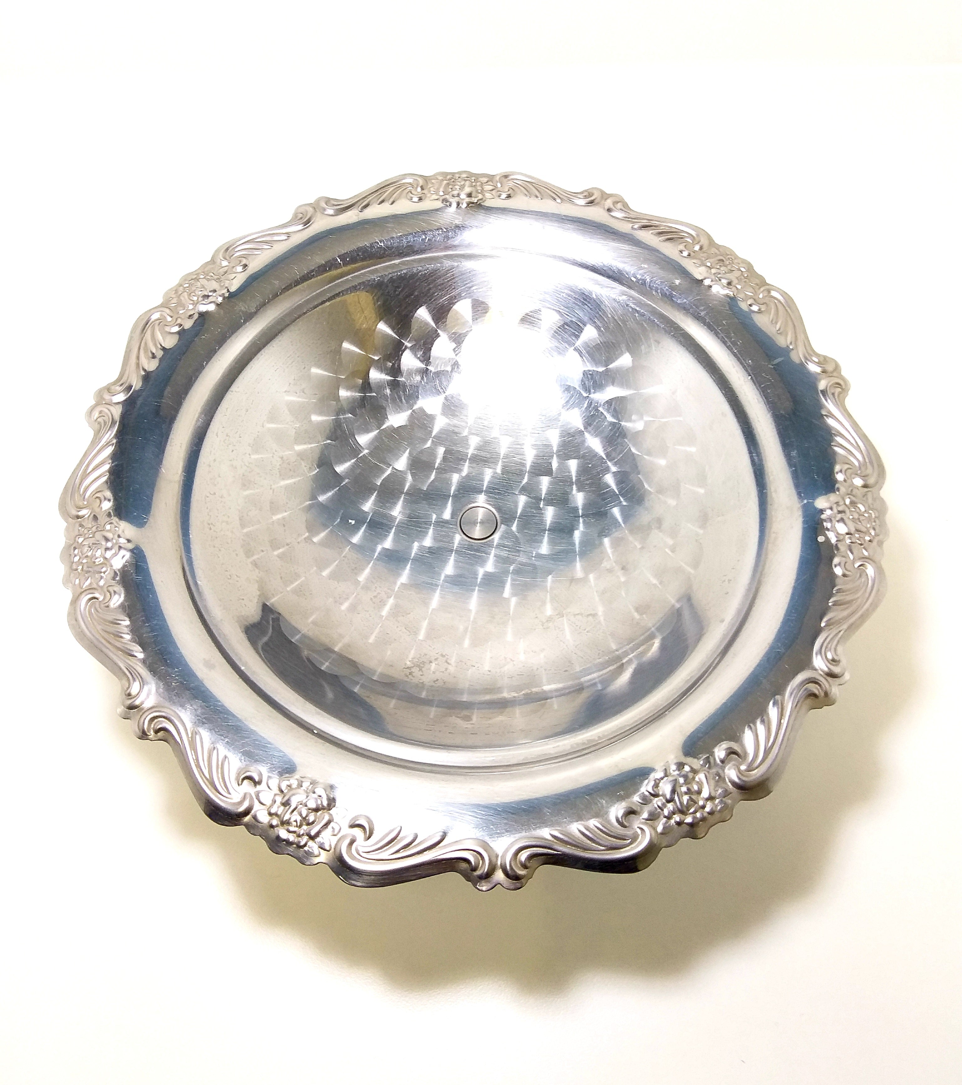 Large Vintage Silver Metal Pedestal Display Bowl With Machine Brushed Well