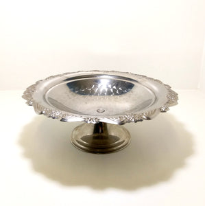 Large Vintage Silver Metal Pedestal Display Bowl With Machine Brushed Well