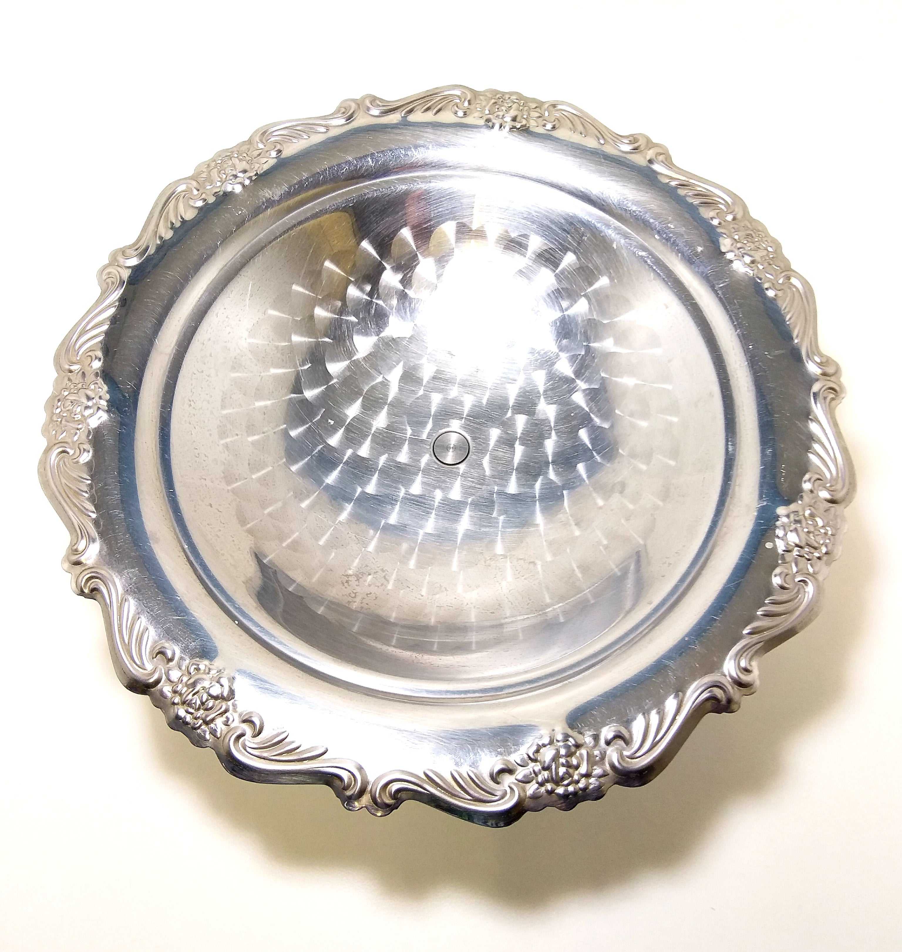 Large Vintage Silver Metal Pedestal Display Bowl With Machine Brushed Well