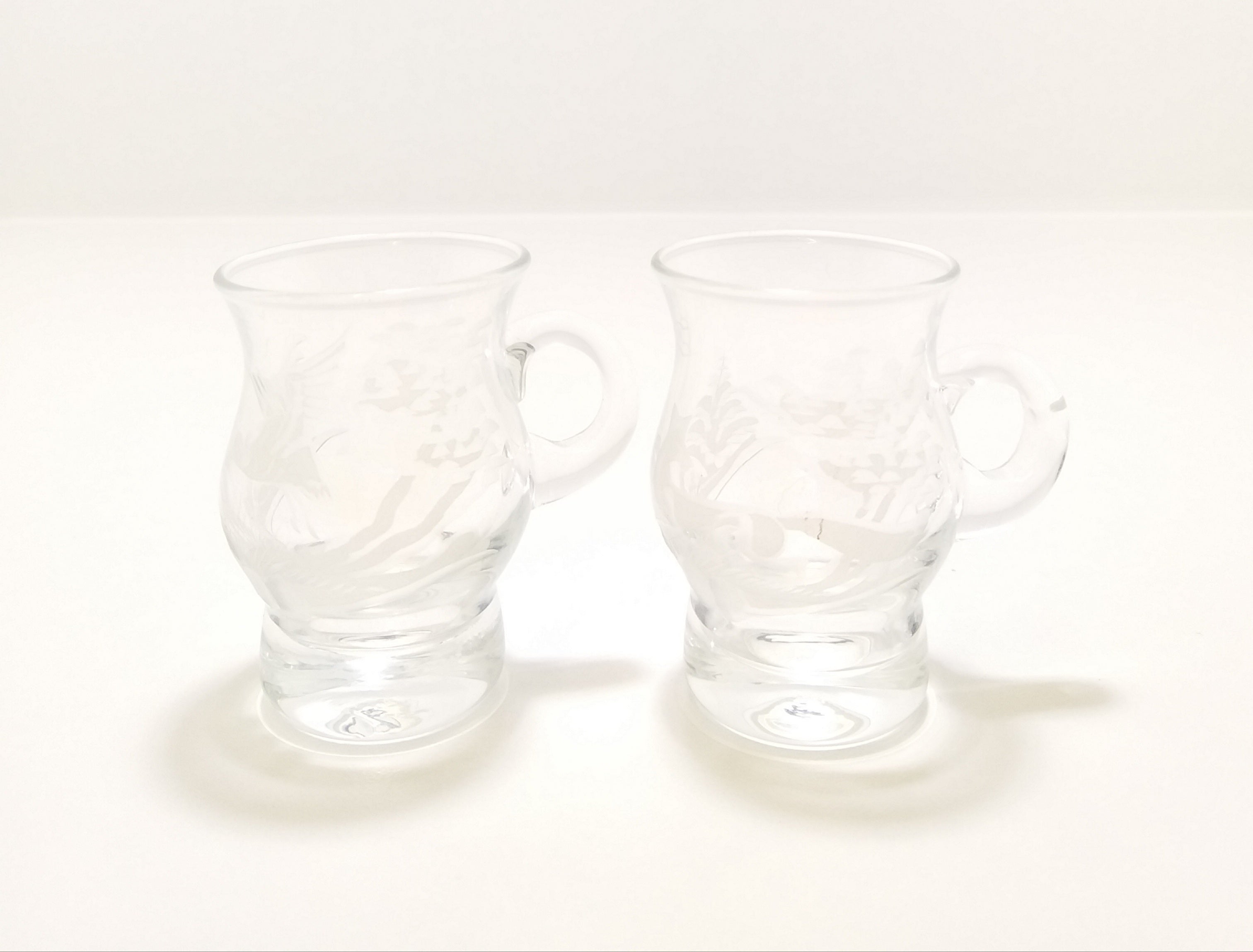 Vintage Pair Of Etched Double Shot Glass Mugs