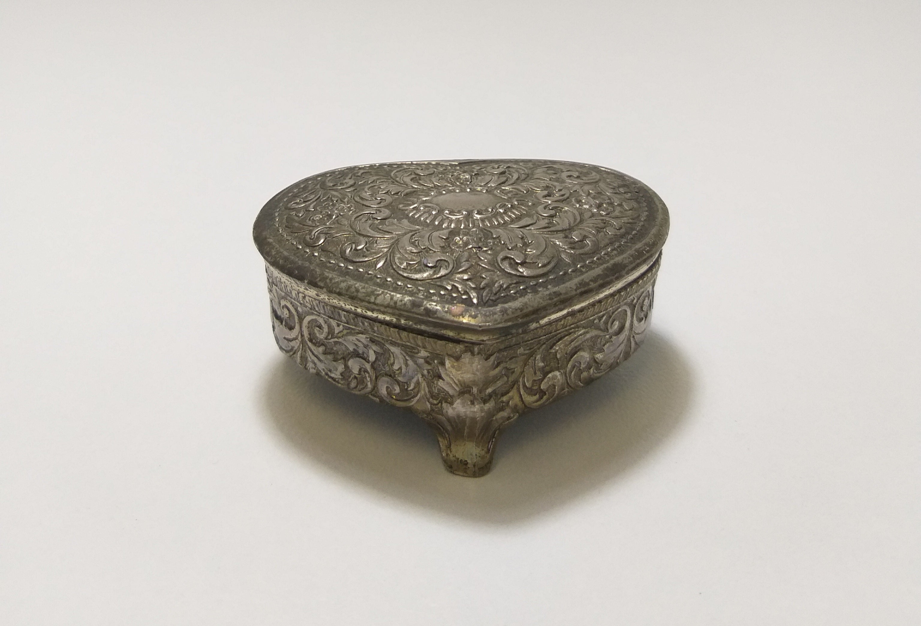 Small & Heavy Vintage Heart Shaped Silver Plated Trinket Box