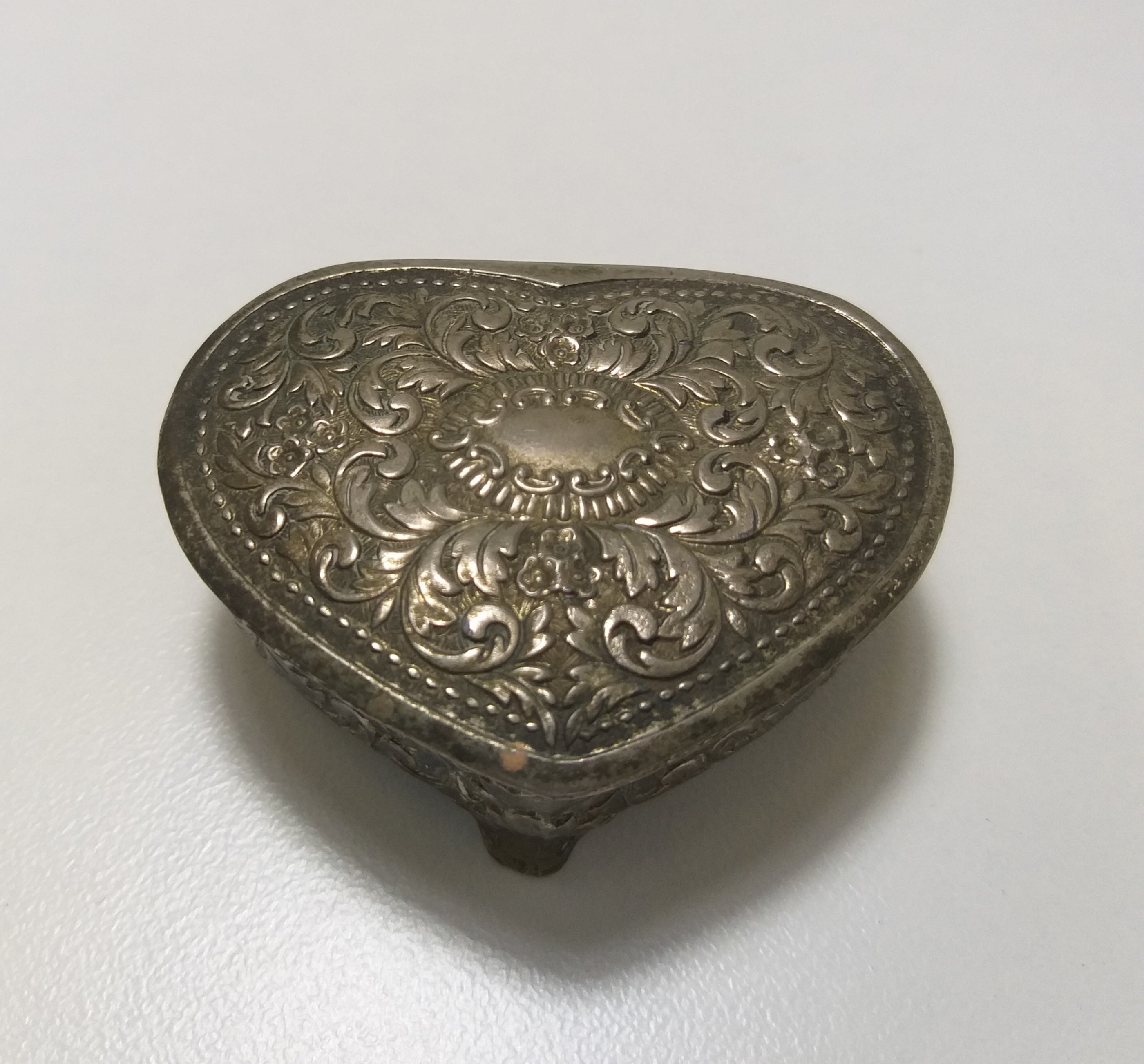Small & Heavy Vintage Heart Shaped Silver Plated Trinket Box