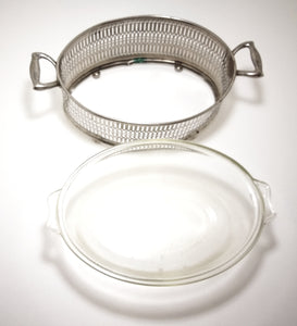 Vintage “Universal” Silver Plated Oval Casserole Stand & 1960’s-1970’s Glass Pyrex Casserole Dish