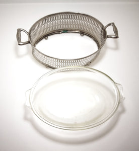 Vintage “Universal” Silver Plated Oval Casserole Stand & 1960’s-1970’s Glass Pyrex Casserole Dish