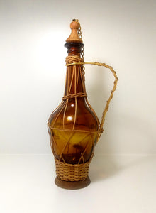 Vintage Amber Glass Decanter With Wicker, Wood Base & Stopper