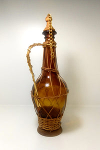 Vintage Amber Glass Decanter With Wicker, Wood Base & Stopper