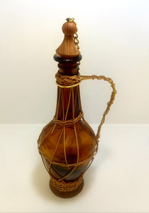 Vintage Amber Glass Decanter With Wicker, Wood Base & Stopper