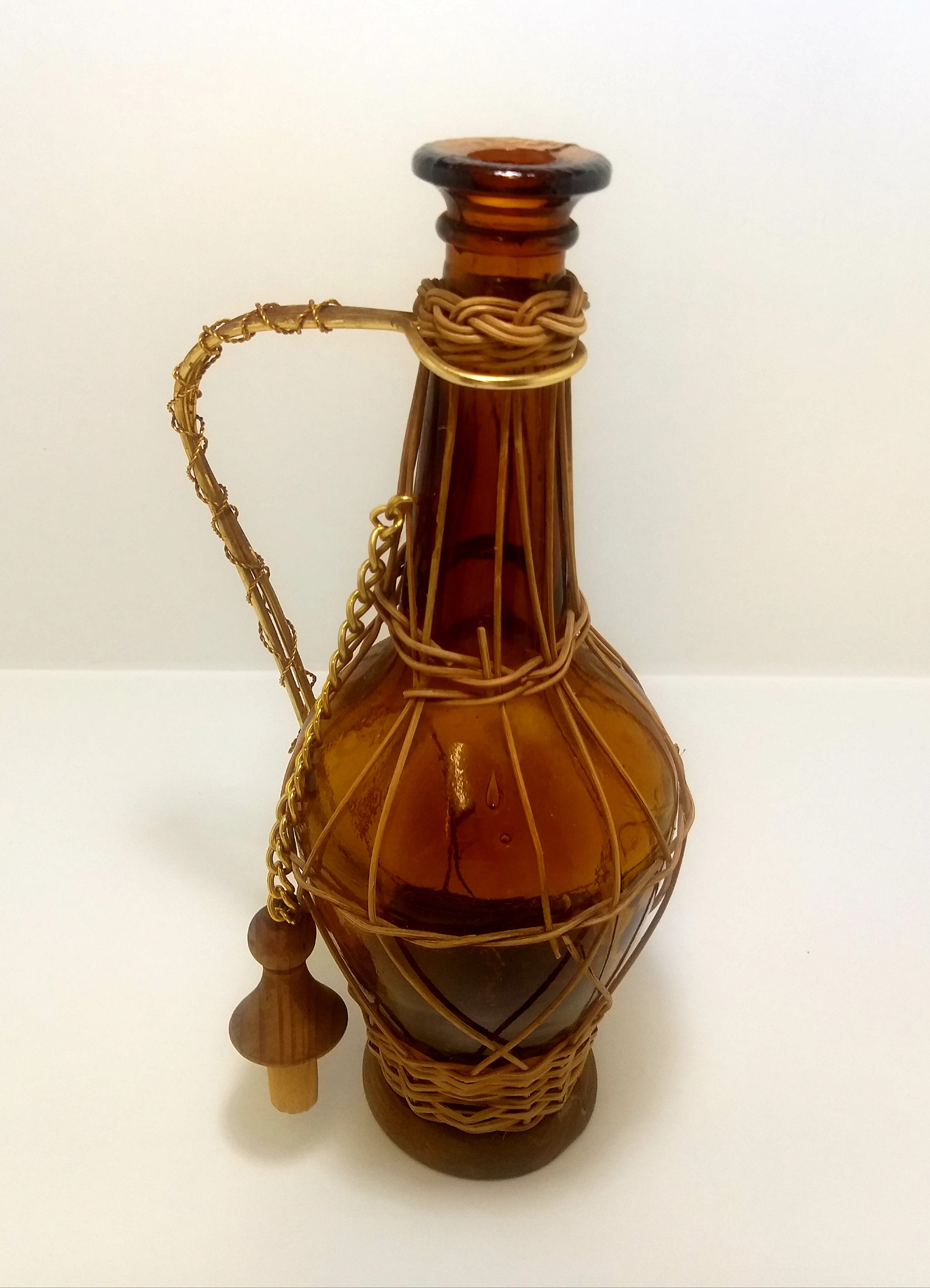 Vintage Amber Glass Decanter With Wicker, Wood Base & Stopper