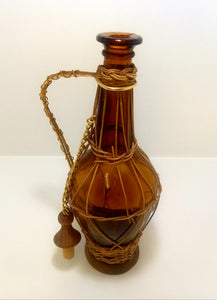 Vintage Amber Glass Decanter With Wicker, Wood Base & Stopper