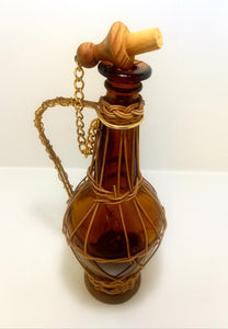 Vintage Amber Glass Decanter With Wicker, Wood Base & Stopper