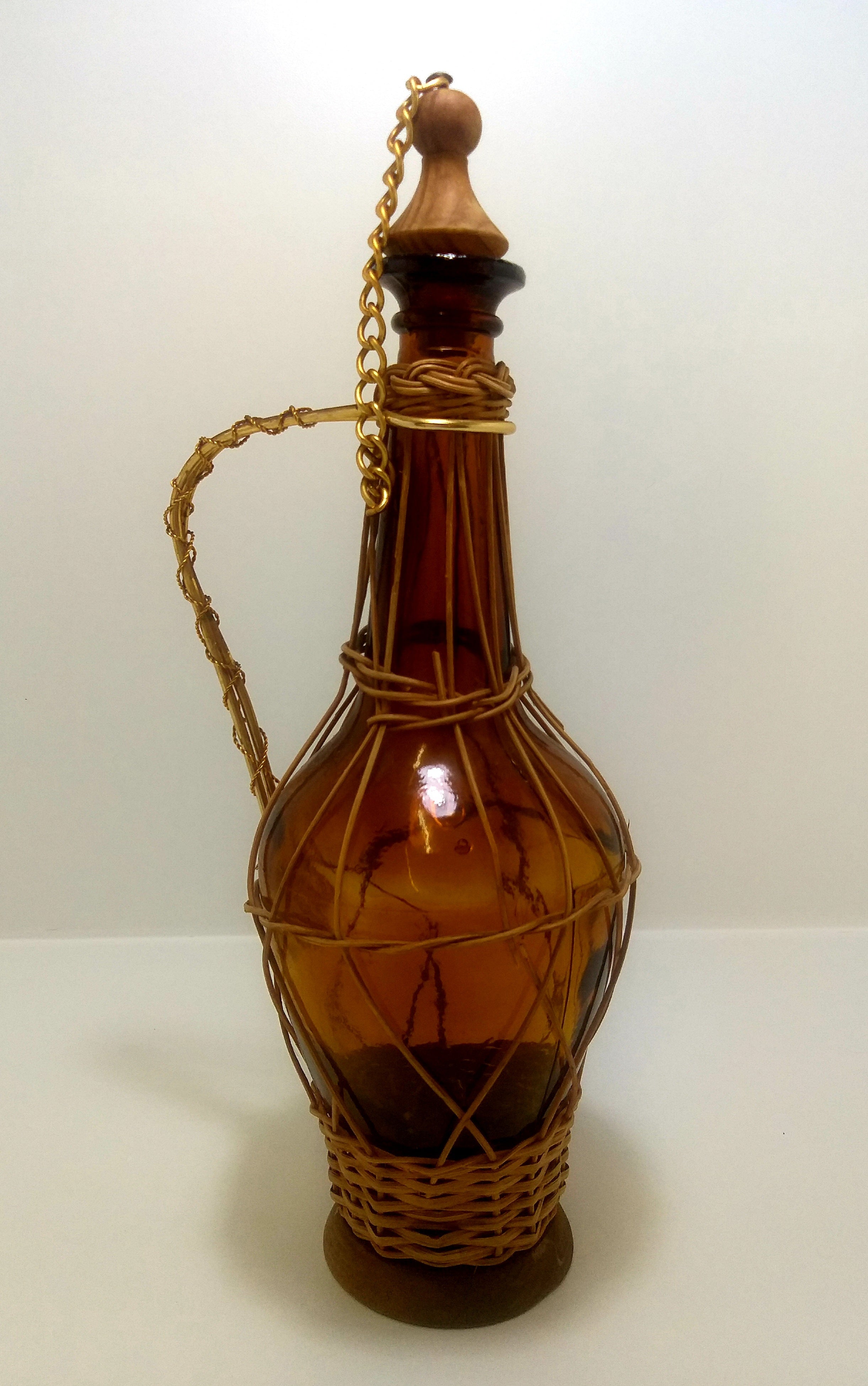 Vintage Amber Glass Decanter With Wicker, Wood Base & Stopper