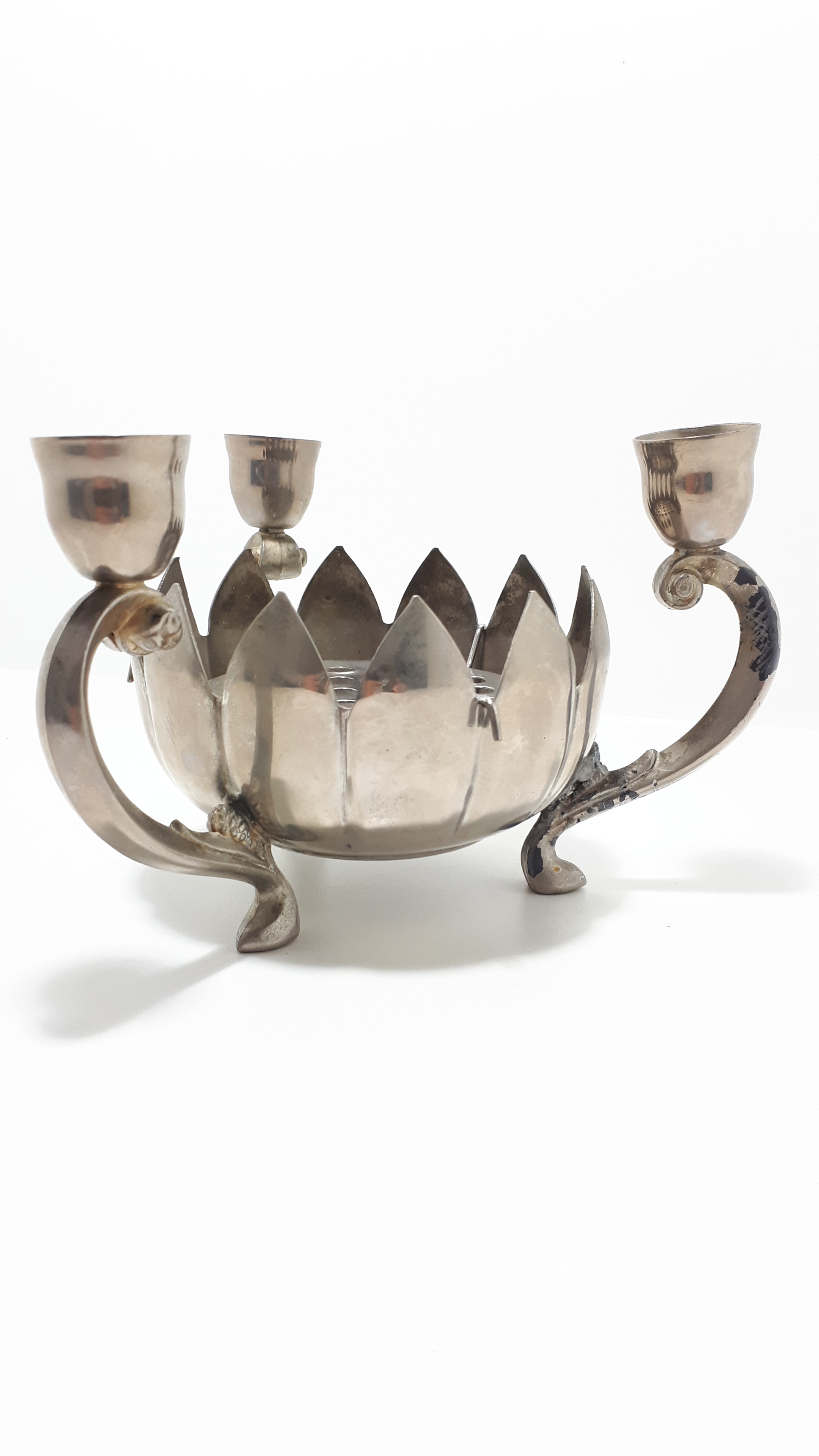 1960’s Vintage Decorative Silver Plated Three Arm Candle Holder With Lotus Rose Bowl